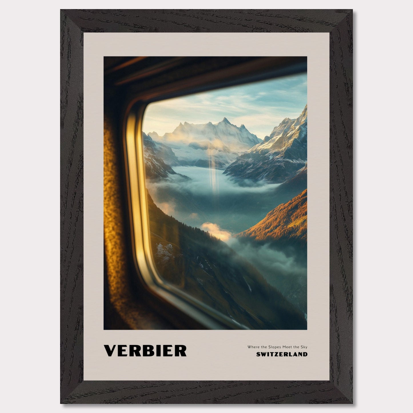 This poster showcases a mesmerizing view of the high-altitude slopes of Verbier, where mountain peaks seem to touch the sky. Thick mist covers the valleys below, creating a sense of mystery, while beams of sunlight break through the clouds, adding warmth and harmony to the scene.