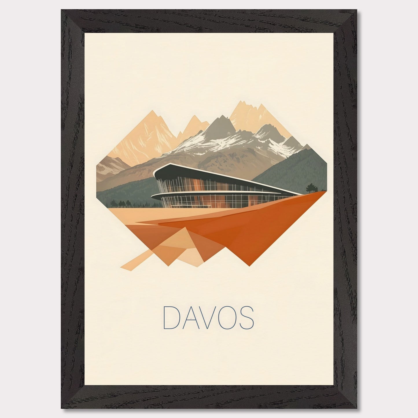 A visually striking poster featuring Davos’ futuristic architecture, integrated into an angular, geometric design. The sharp lines and warm earth tones contrast with the cool mountain backdrop, creating a bold, dynamic effect.