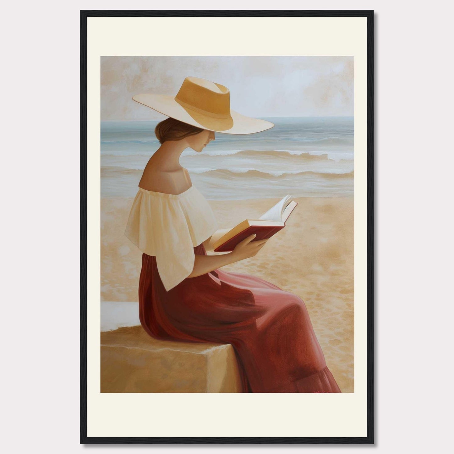 This serene painting depicts a woman sitting by the beach, engrossed in a book. She wears a wide-brimmed hat and a flowing dress, with the ocean waves gently rolling in the background.