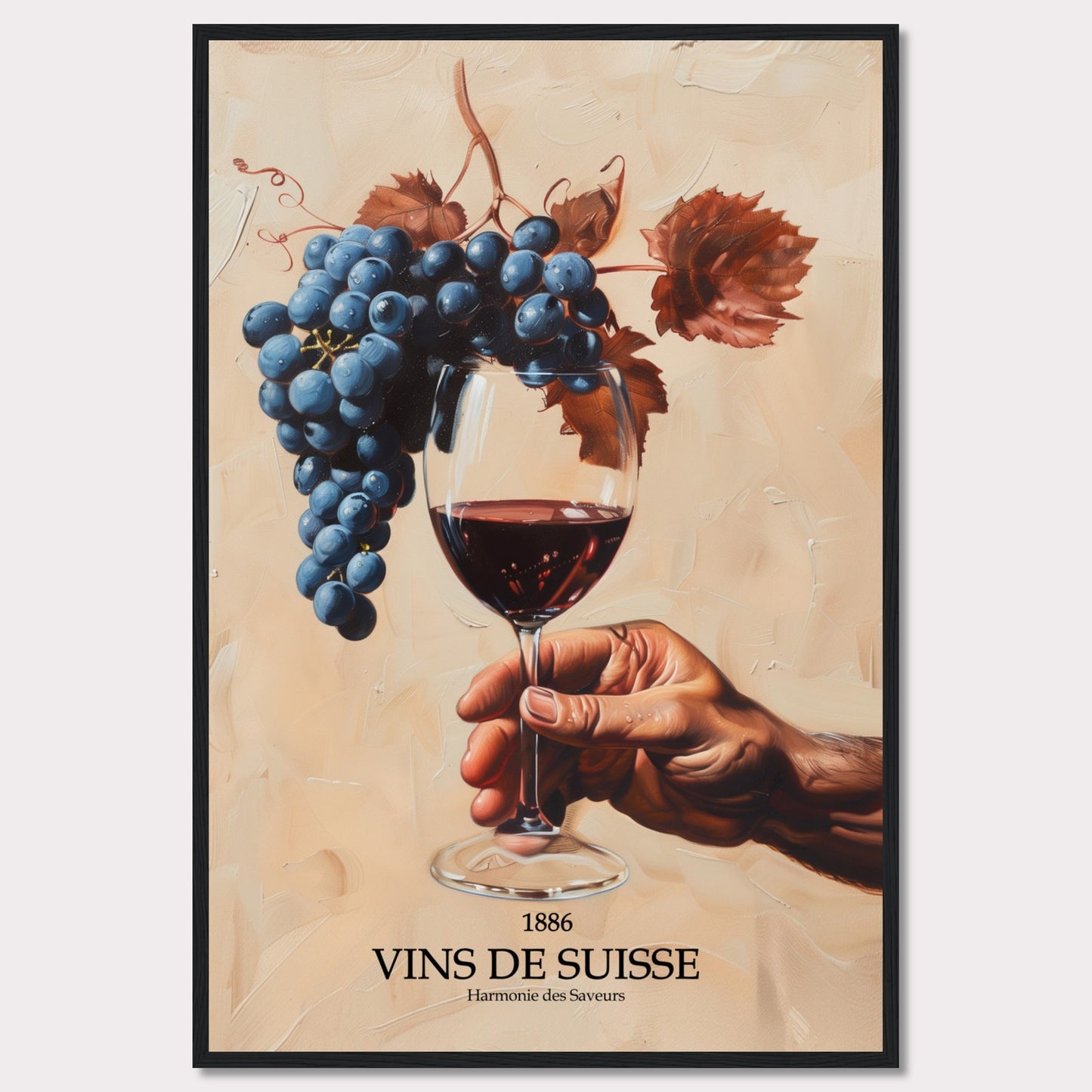 This captivating image showcases a hand holding a glass of red wine, with a luscious bunch of grapes hanging above it. The background is painted in warm, earthy tones, enhancing the rich colors of the grapes and wine.