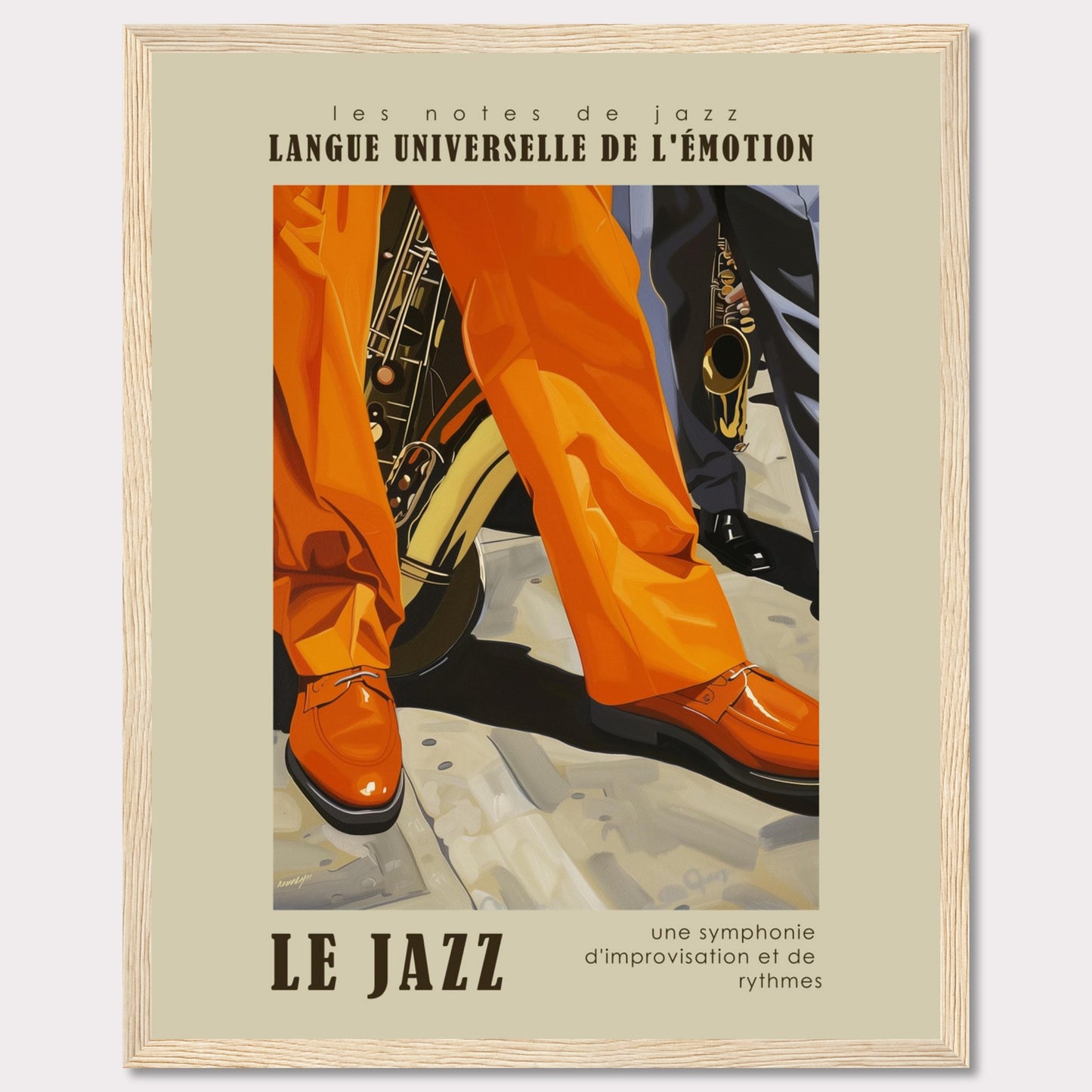 This vibrant poster captures the essence of jazz with its bold colors and dynamic imagery. The scene focuses on the legs and shoes of musicians, emphasizing their lively movements. Brass instruments peek from behind, hinting at the soulful music being played. The text reads "LANGUE UNIVERSELLE DE L'ÉMOTION" and "LE JAZZ," highlighting jazz as a universal language of emotion. The tagline, "une symphonie d'improvisation et de rythmes," describes jazz as a symphony of improvisation and rhythms.