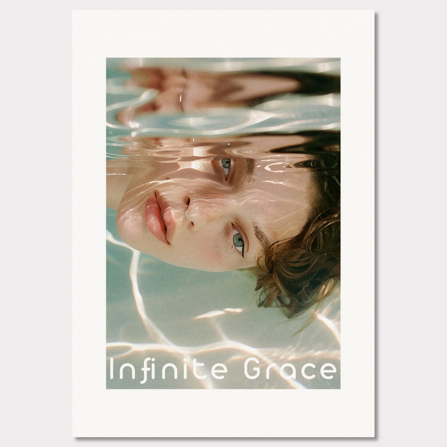 This is an illustration of a person's face partially submerged in water, creating a reflective and serene effect. The text "Infinite Grace" is displayed at the bottom of the image.

Where will this poster fit: This poster would fit well in a modern living room, a bedroom, or a creative studio space.