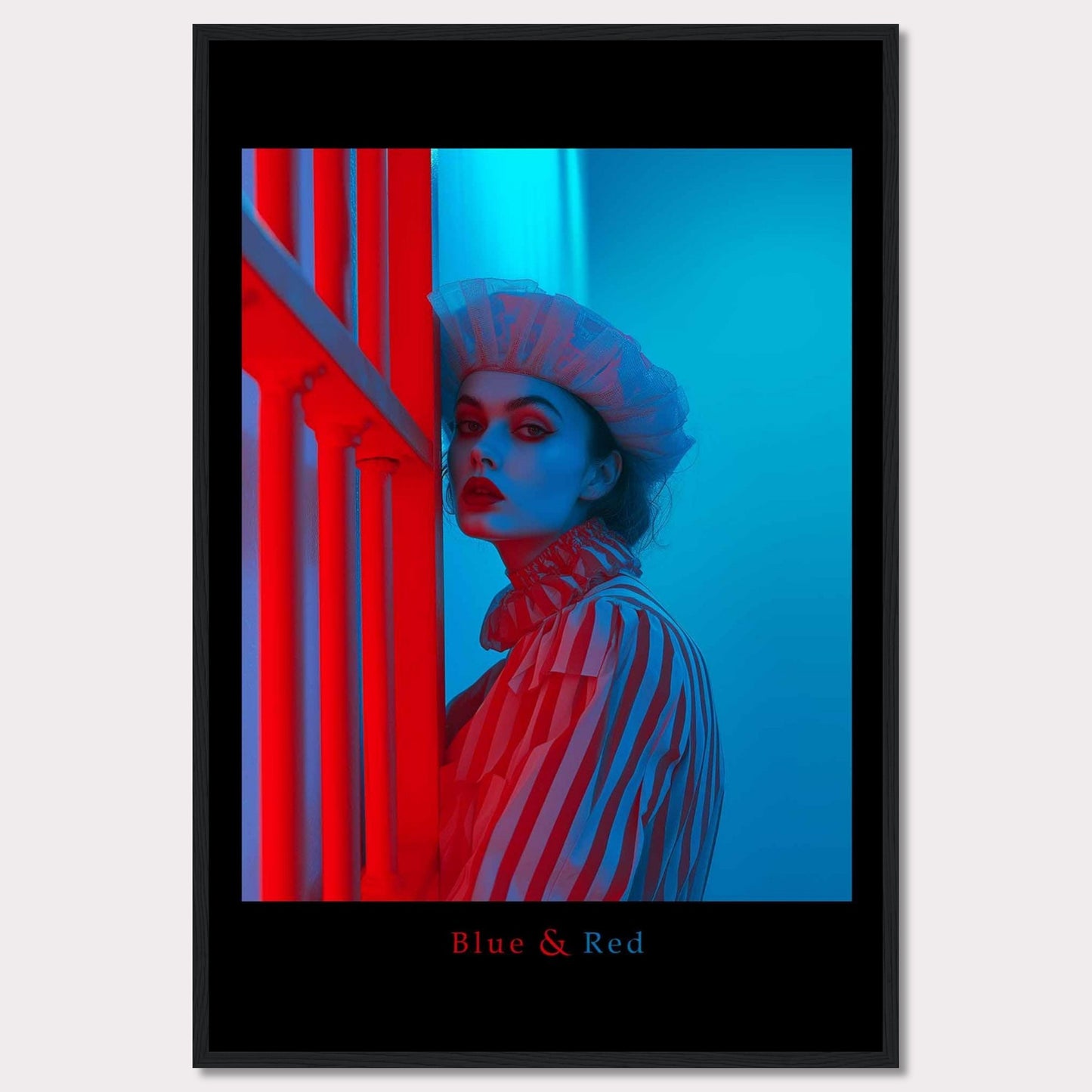 This striking poster features a dramatic portrait of a woman illuminated in contrasting blue and red lighting. The subject is dressed in a striped outfit and a sheer headpiece, creating a bold and artistic visual effect.