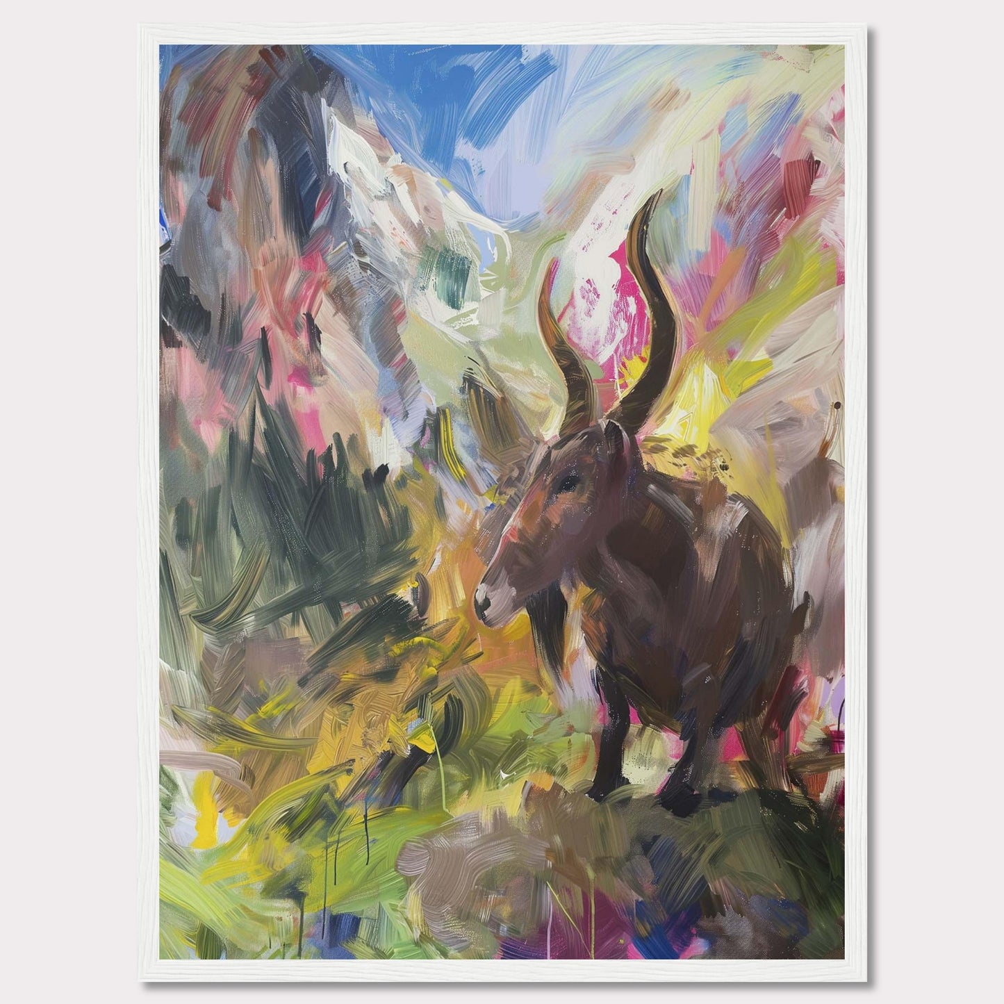 This vibrant painting captures a majestic animal with large horns standing amidst a colorful, abstract landscape. The background features dynamic brushstrokes of mountains, sky, and foliage, blending together in an explosion of colors.