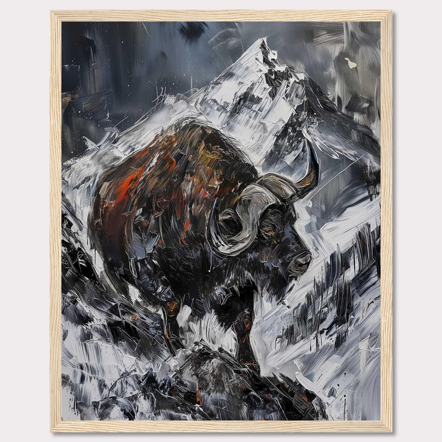 This striking painting captures the raw power of a buffalo against a dramatic mountainous backdrop. The bold brushstrokes and intense colors create a sense of movement and energy.