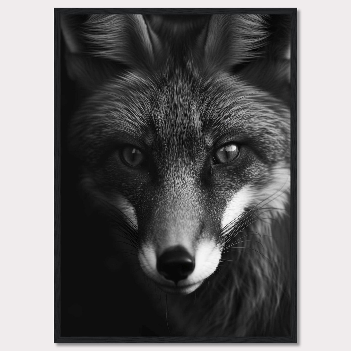 This striking black and white portrait captures the intense gaze of a fox, showcasing its majestic and enigmatic beauty. The detailed fur texture and sharp eyes draw you into the wild essence of this captivating creature.