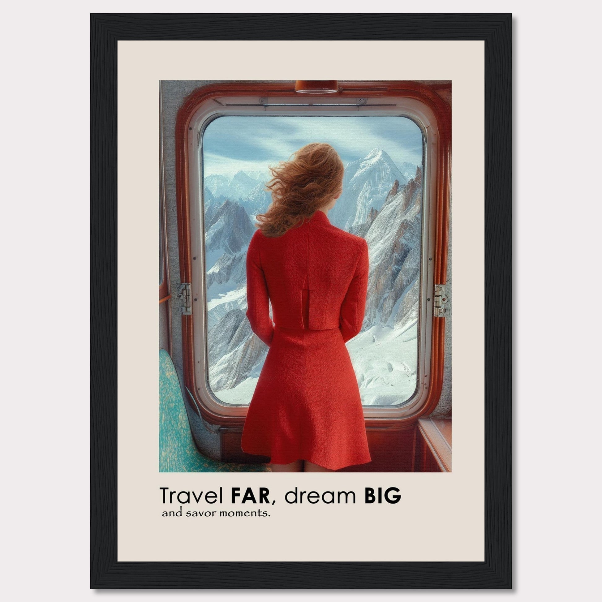 A woman in a red dress gazes out of a train window at majestic snow-covered mountains.