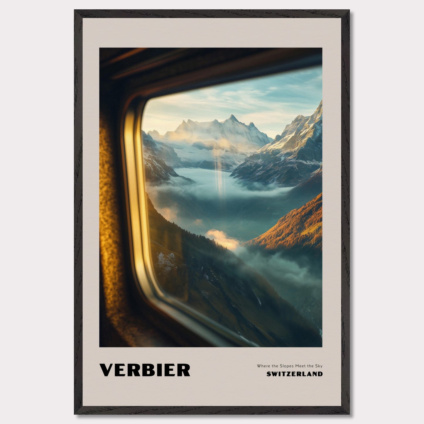 This poster showcases a mesmerizing view of the high-altitude slopes of Verbier, where mountain peaks seem to touch the sky. Thick mist covers the valleys below, creating a sense of mystery, while beams of sunlight break through the clouds, adding warmth and harmony to the scene.