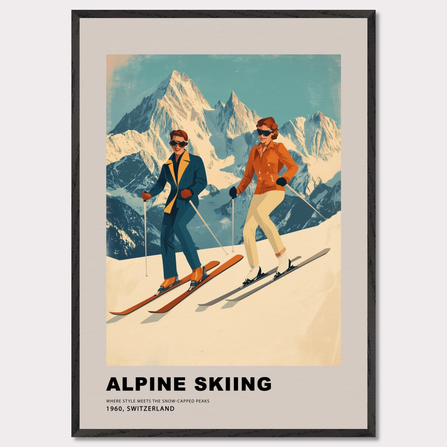 This stunning retro-style poster celebrates the elegance of alpine skiing in Switzerland. Two stylish skiers gracefully glide down the snowy slopes, set against the backdrop of majestic, sunlit peaks. The vintage color palette and mid-century design highlight the timeless charm and sophistication of the alpine experience, making it a celebration of both sport and scenery.