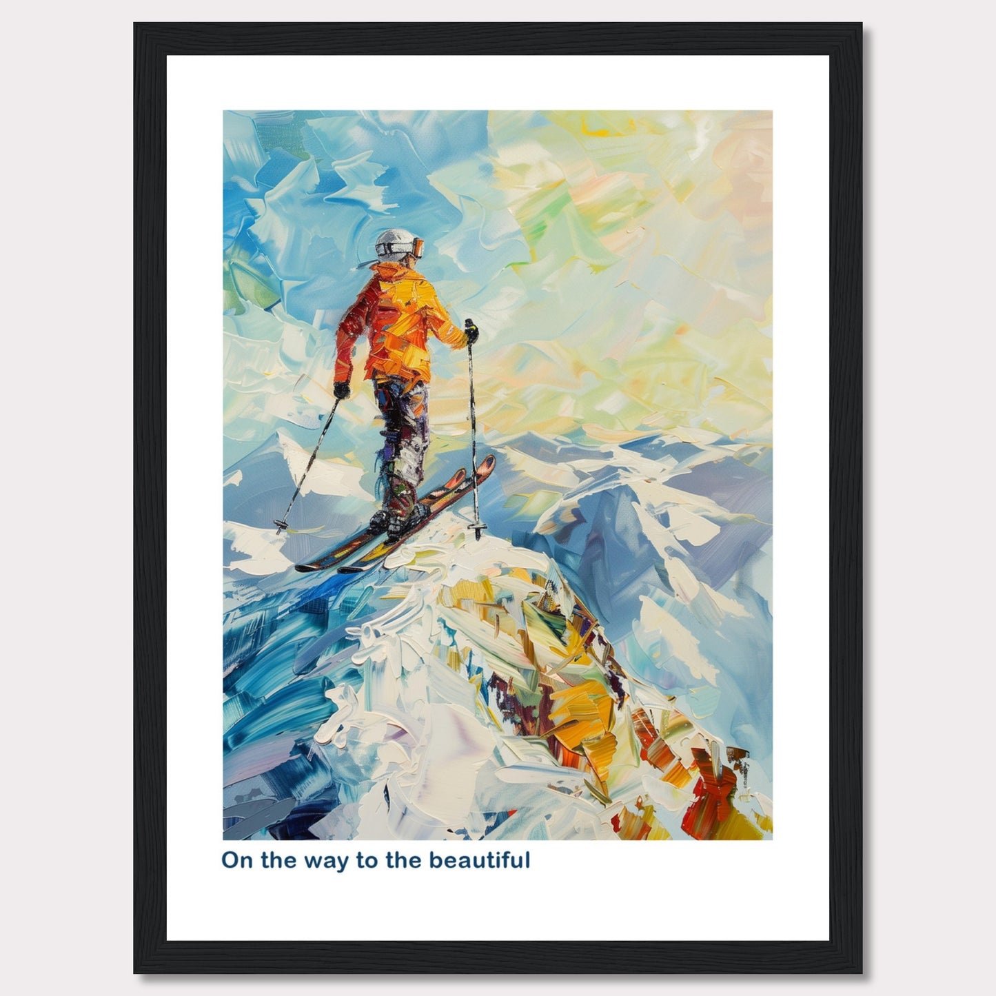 This vibrant painting captures a skier standing at the peak of a snowy mountain, ready to descend. The skier is dressed in an orange jacket and helmet, holding ski poles. The background features a stunning array of colors depicting the sky and distant mountains.