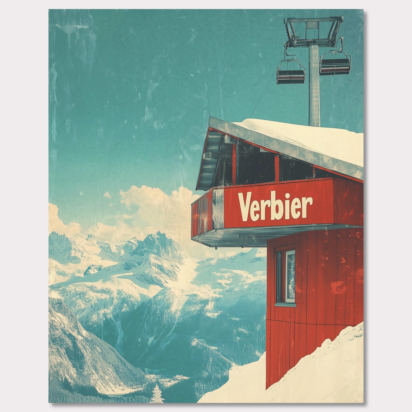 This vintage-inspired poster showcases a modern gondola station perched high above Verbier’s slopes. The gondola’s red cabin stands out against the pristine white snow, with majestic alpine peaks framing the view. The soft blue sky, accented by the vintage design, gives a timeless quality to the image. The simplicity and elegance of the gondola station invite viewers to imagine their own journey up the mountain, surrounded by the beauty of the Swiss Alps.