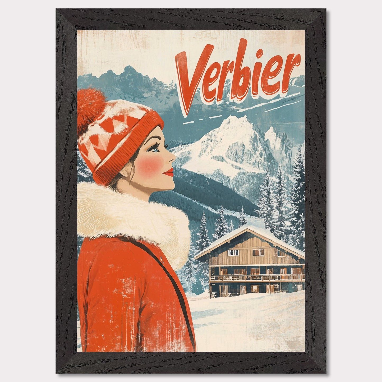 This elegant retro-style poster features a woman in a stylish red winter coat and pom-pom hat, looking towards the majestic Verbier mountains. The soft pastel tones and crisp white snow provide a serene backdrop, while the vintage design and typography evoke a sense of sophistication and timeless charm. The poster conveys the allure of Verbier as both an adventure and a refined escape into nature’s beauty.