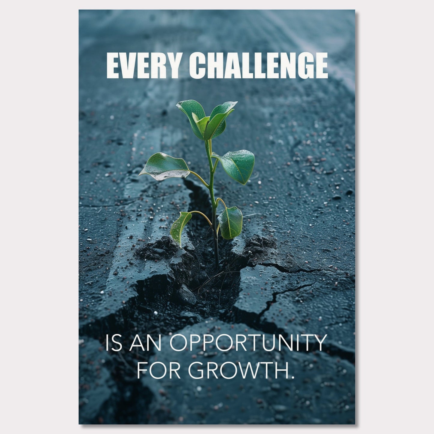 A motivational poster featuring a small green plant sprouting through a crack in the asphalt. The text on the poster reads "EVERY CHALLENGE IS AN OPPORTUNITY FOR GROWTH." The image symbolizes resilience and perseverance.