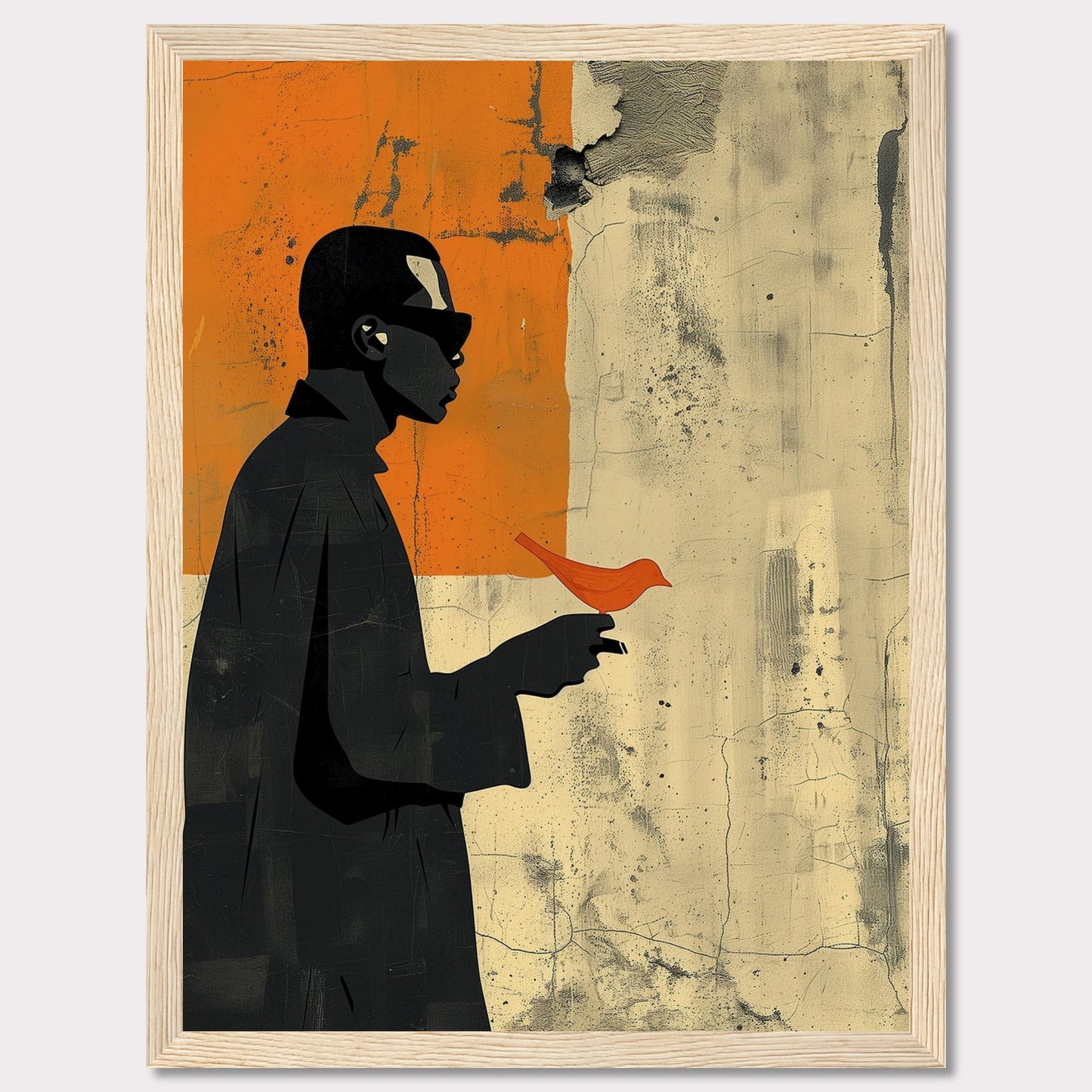 This striking artwork features a silhouette of a person holding a vibrant orange bird against a textured, abstract background. The contrast between the dark figure and the bright bird creates a powerful visual impact.