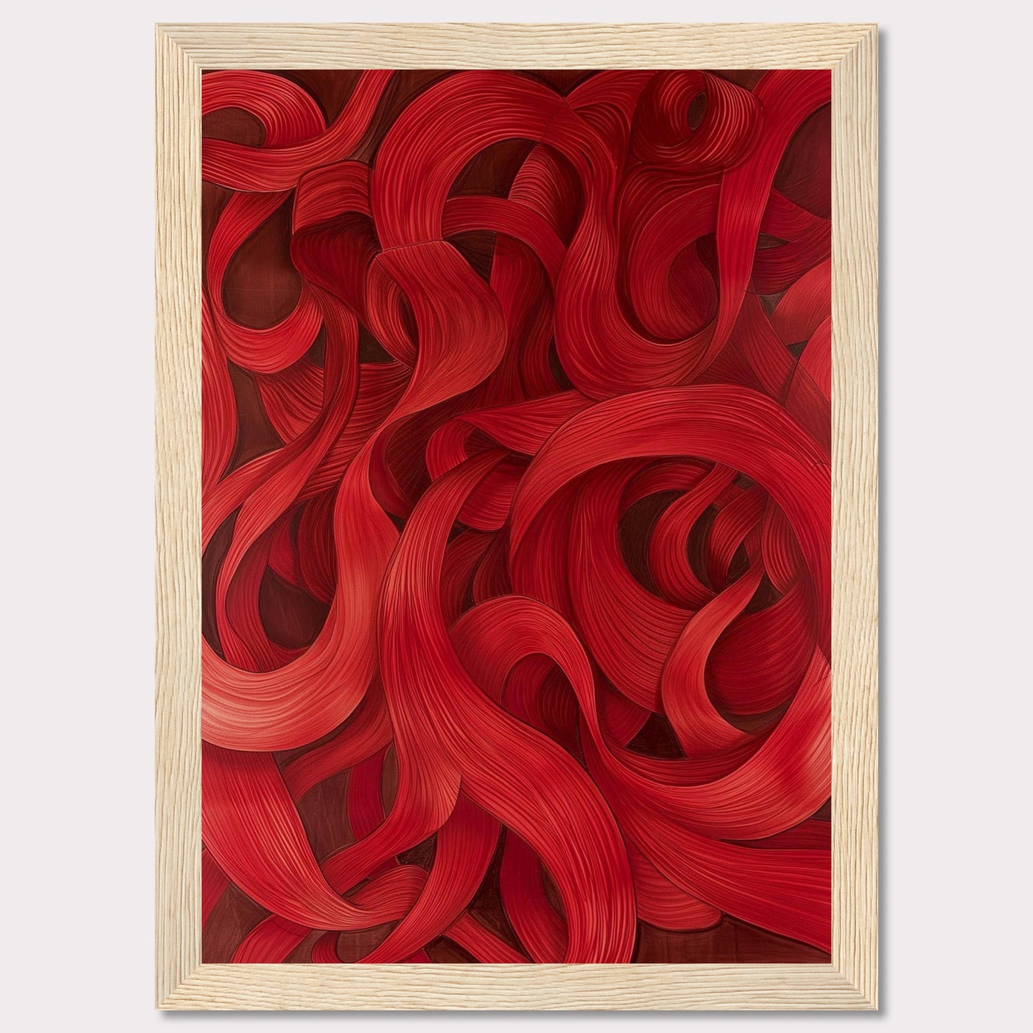 This captivating artwork features a mesmerizing array of red swirls and curves, creating a dynamic and flowing visual experience. The intricate details and rich hues draw the viewer in, evoking a sense of movement and passion.