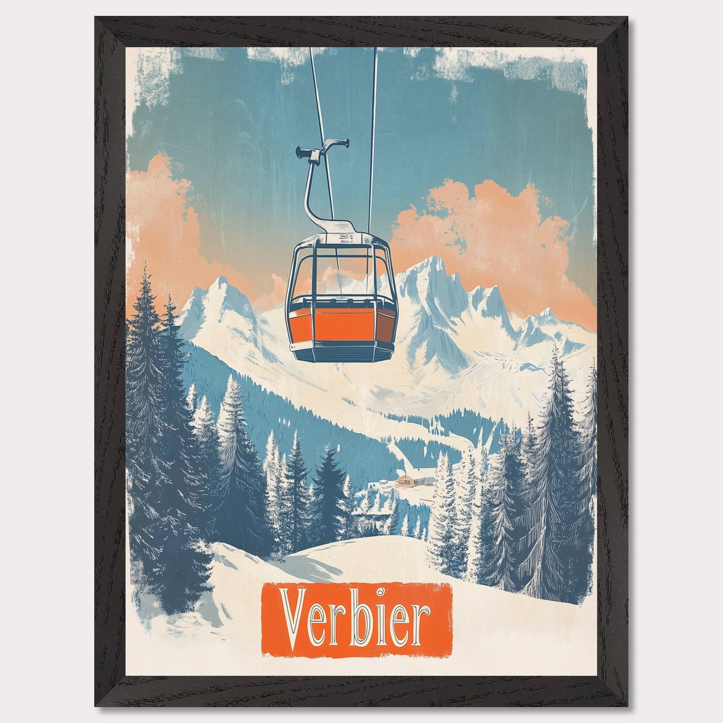 This picturesque retro-inspired poster showcases a vibrant orange gondola gracefully ascending the snowy mountainside of Verbier. The tranquil beauty of the landscape is captured with soft pastel tones in the sky, complemented by the rugged peaks in the distance. The modern gondola stands in contrast to the pristine, snow-covered trees, evoking a sense of peaceful adventure and the journey to the mountain’s summit. The vintage art style enhances the nostalgic vibe of alpine exploration.