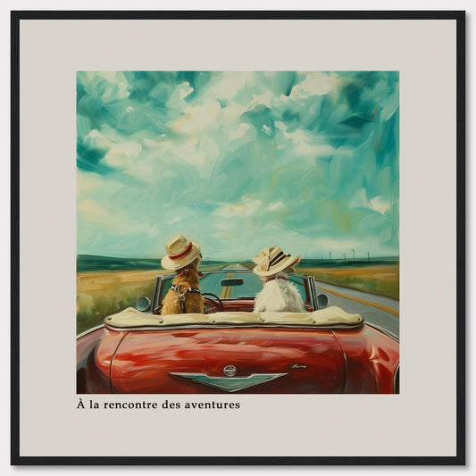 This charming artwork depicts two dogs wearing hats, riding in a red convertible on an open road under a vibrant sky. The scene evokes a sense of adventure and freedom.