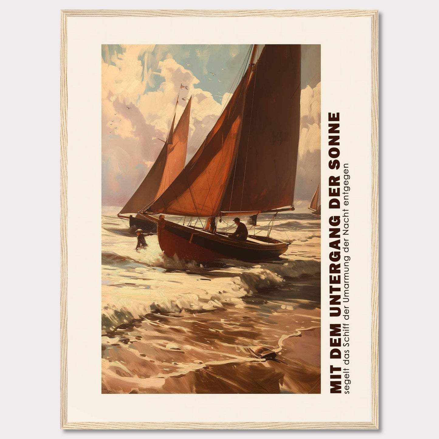 1c1adf56-8aThis captivating artwork depicts two sailboats navigating through the waves at sunset, with the sky painted in warm hues of orange and pink. The scene evokes a sense of adventure and tranquility as the boats head towards the horizon. The text on the side reads "MIT DEM UNTERGANG DER SONNE segelt das Schiff der Umarmung der Nacht entgegen," which translates to "With the setting of the sun, the ship sails towards the embrace of the night."ce8-493d-8a1f-3d5cb0e477a9