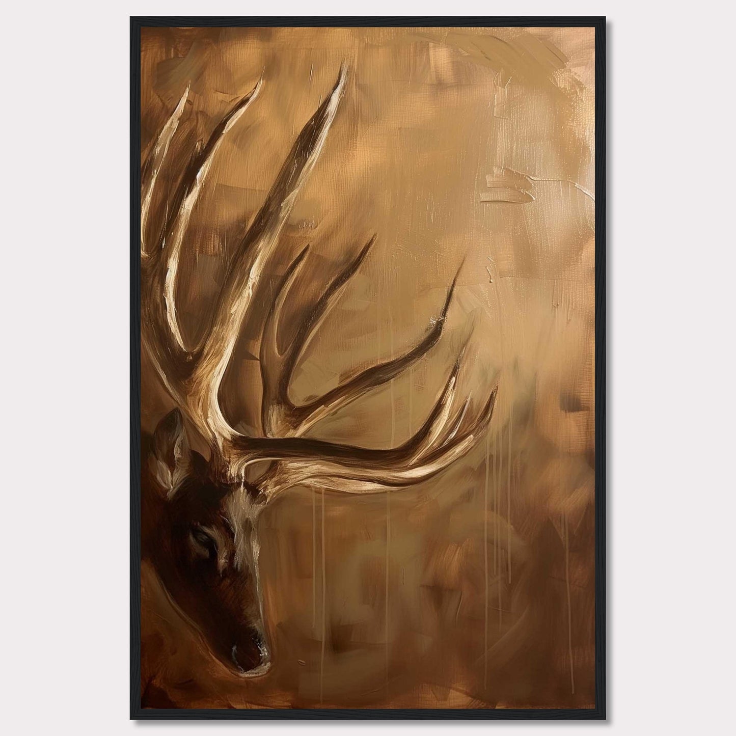 This captivating painting features a majestic deer with prominent antlers, set against a warm, earthy background. The artwork exudes a sense of tranquility and natural beauty, making it a perfect addition to any nature lover's collection.