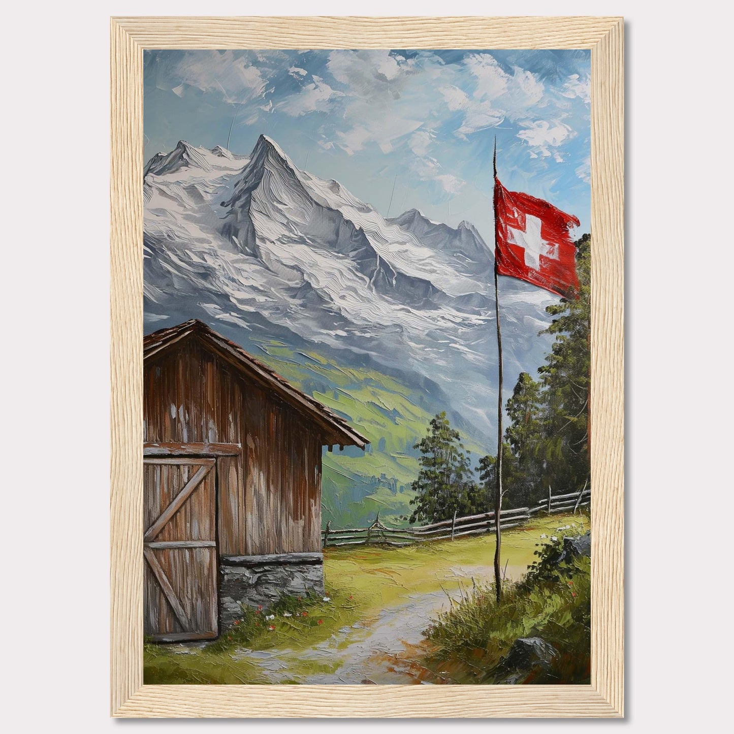 This image depicts a serene mountain scene with a rustic wooden cabin, a Swiss flag fluttering in the breeze, and majestic snow-capped peaks in the background. The lush greenery and clear blue sky add to the tranquil atmosphere.