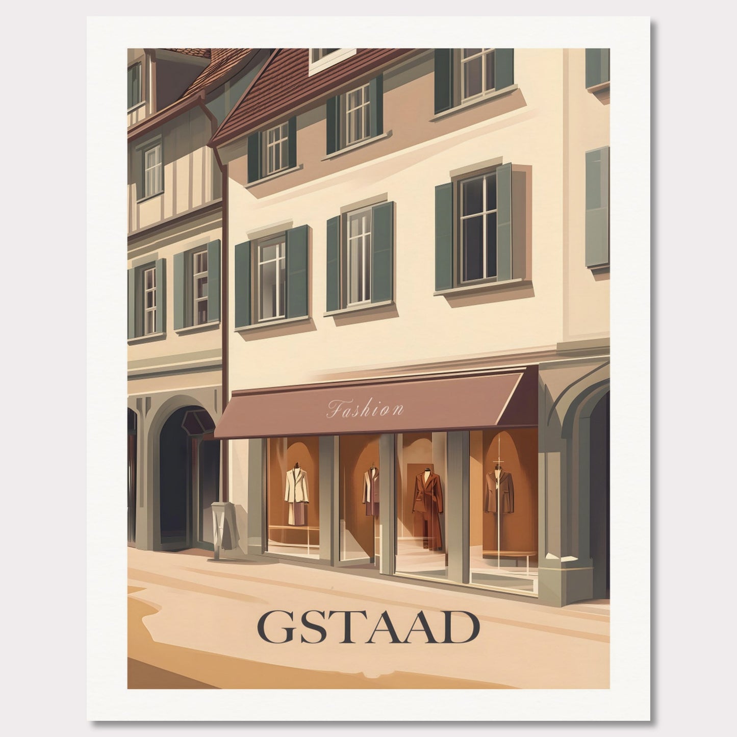 A stylish poster capturing the elegant shopping experience in Gstaad. The charming streets lined with high-end boutiques create an atmosphere of exclusivity and sophistication.