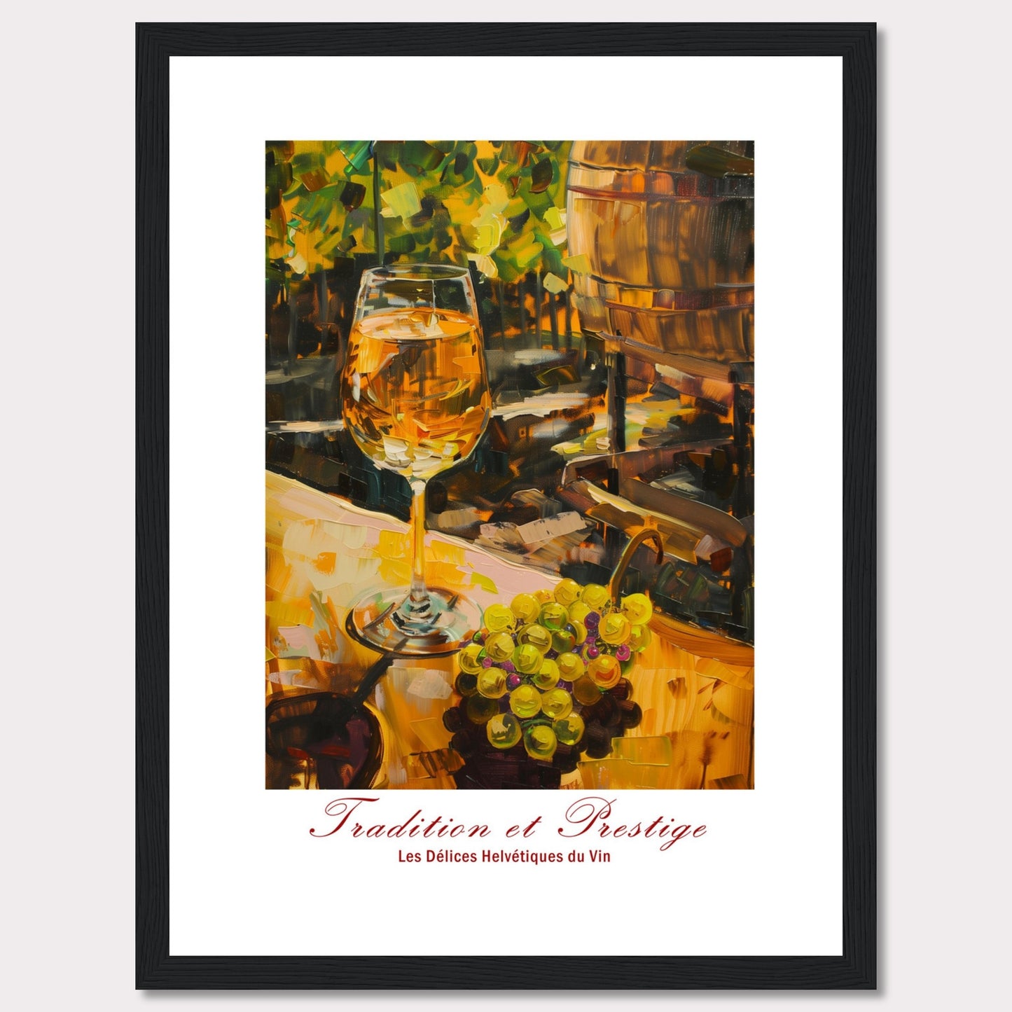 This image showcases a beautifully painted scene of a wine glass filled with white wine, set against a backdrop of a vineyard. The painting captures the essence of tradition and prestige in winemaking.