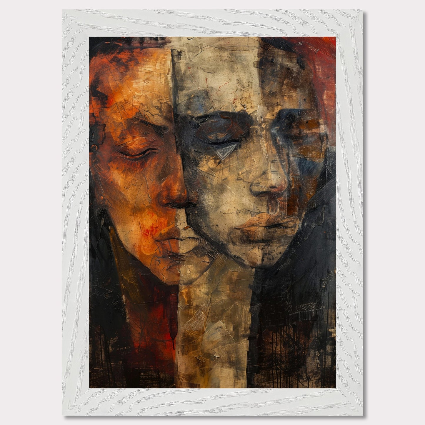 This captivating artwork features two abstract faces, blending seamlessly into one another. The painting is rich in texture and color, with a striking contrast between warm and cool tones. The faces appear to be in deep contemplation, evoking a sense of introspection and connection.