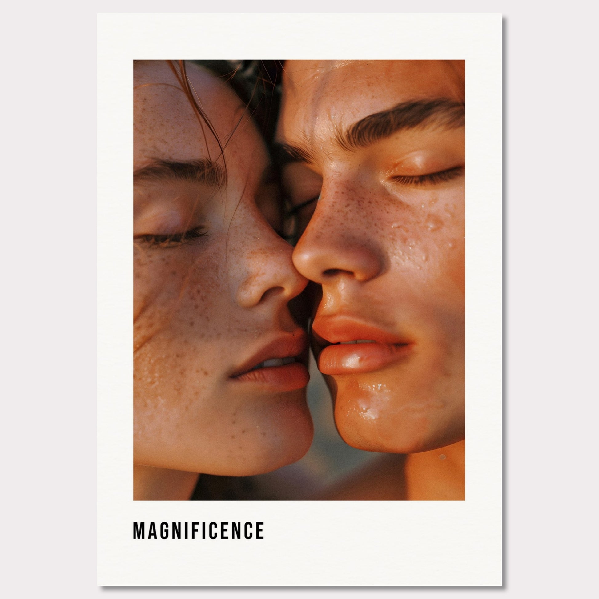 This illustration shows a close-up of two individuals with their faces intimately close, highlighting their freckles and closed eyes.

This poster will fit well in a modern living room, bedroom, or art studio, adding a touch of elegance and intimacy to the space.