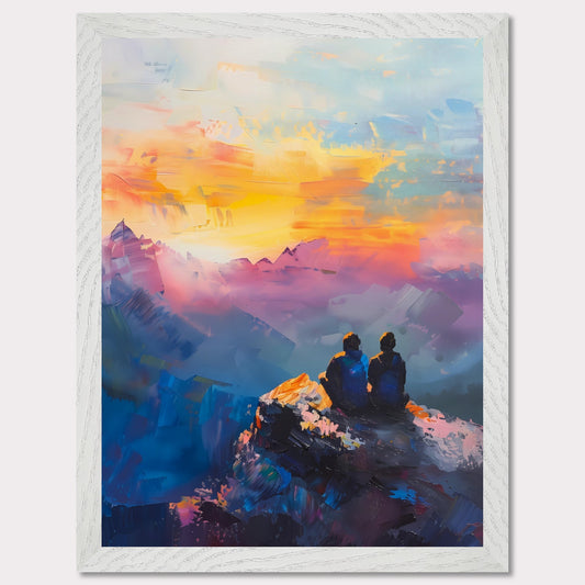 This is an illustration of two people sitting on a rocky cliff, overlooking a vibrant and colorful sunset or sunrise. The sky is painted with warm hues of orange, yellow, and pink, blending into cooler tones of blue and purple.