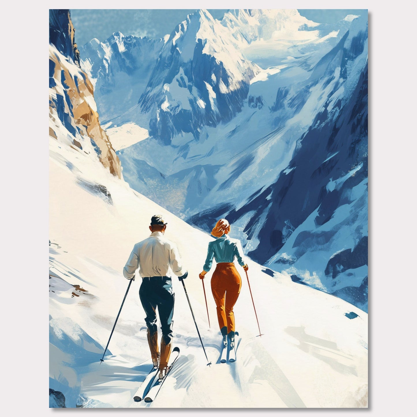 This retro poster captures the elegance and adventure of alpine skiing in Switzerland, circa 1960. Two fashionable skiers glide down the pristine snow with majestic mountains towering in the background. The vibrant colors of their outfits contrast beautifully against the white landscape, while the bold lettering emphasizes the stylish allure of alpine sports.