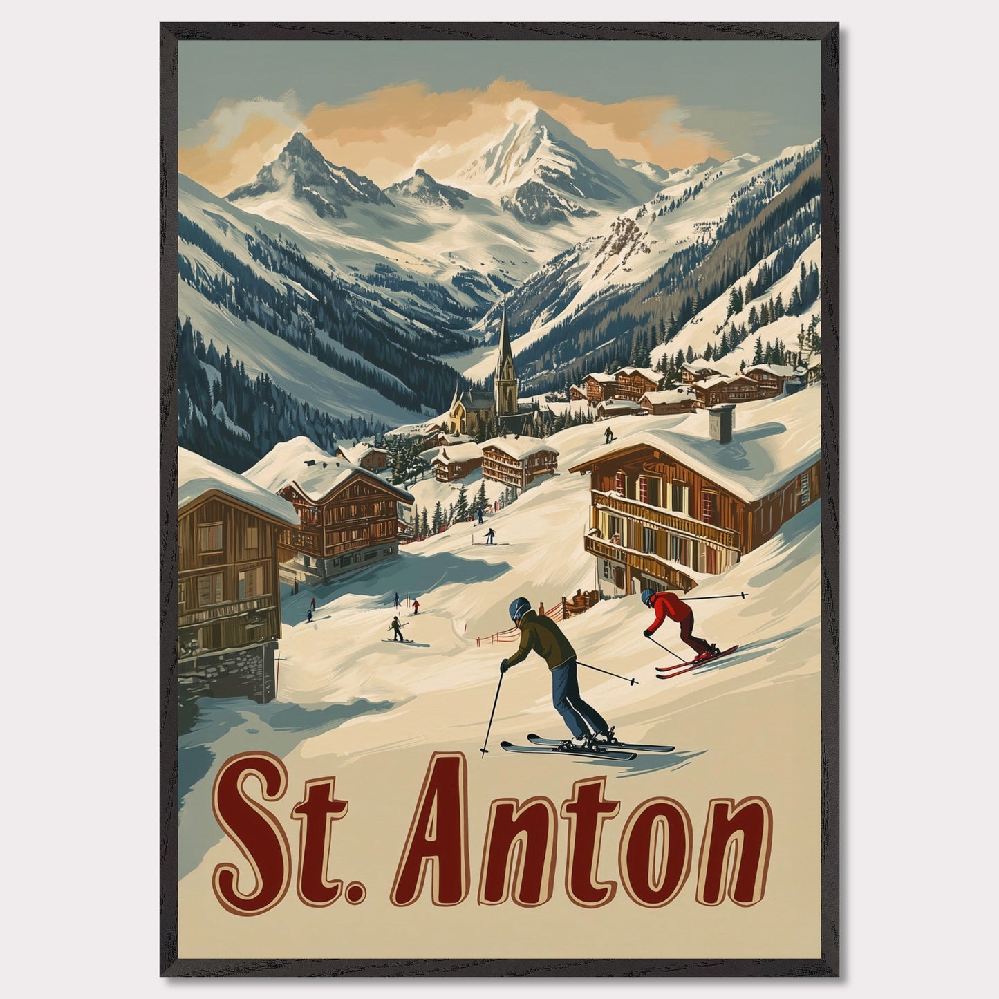 This captivating poster showcases the thrill of skiing in St. Anton, with a group of skiers carving through the fresh powder beneath the dramatic peaks of the Alps. The background features a picturesque village of wooden chalets nestled among the snow, while the rich retro colors and typography emphasize the adventurous spirit of St. Anton as a premier ski destination. The poster evokes both the excitement of the slopes and the warmth of alpine hospitality.