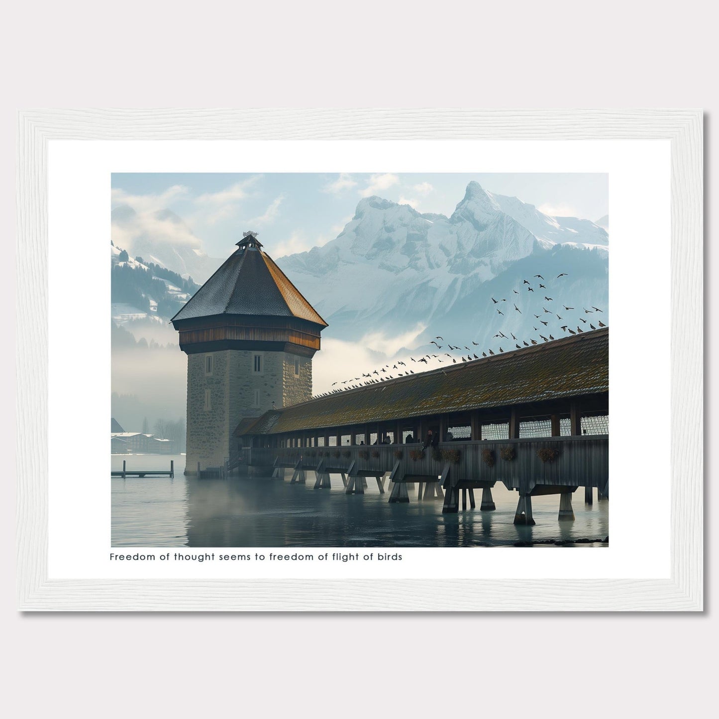 This captivating photo showcases a serene scene featuring a historic tower and a covered wooden bridge over calm waters, with majestic snow-capped mountains in the background. A flock of birds is seen soaring freely in the sky, adding a sense of movement and freedom to the tranquil setting.