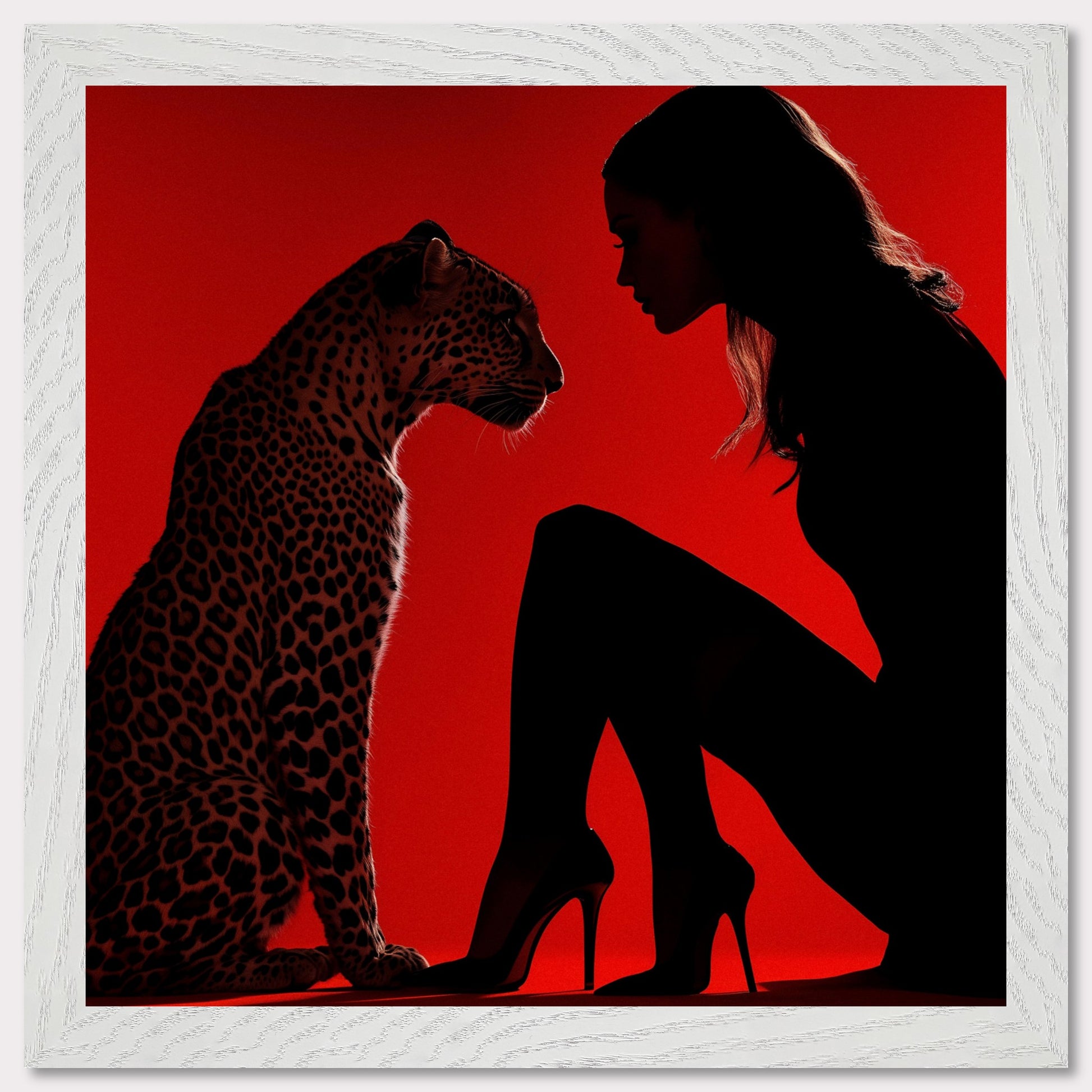 This illustration depicts a silhouette of a woman and a leopard against a vibrant red background. The woman is wearing high heels and is in a kneeling position, facing the leopard. The scene creates a dramatic and intense atmosphere through the use of contrasting colors and shadow play.