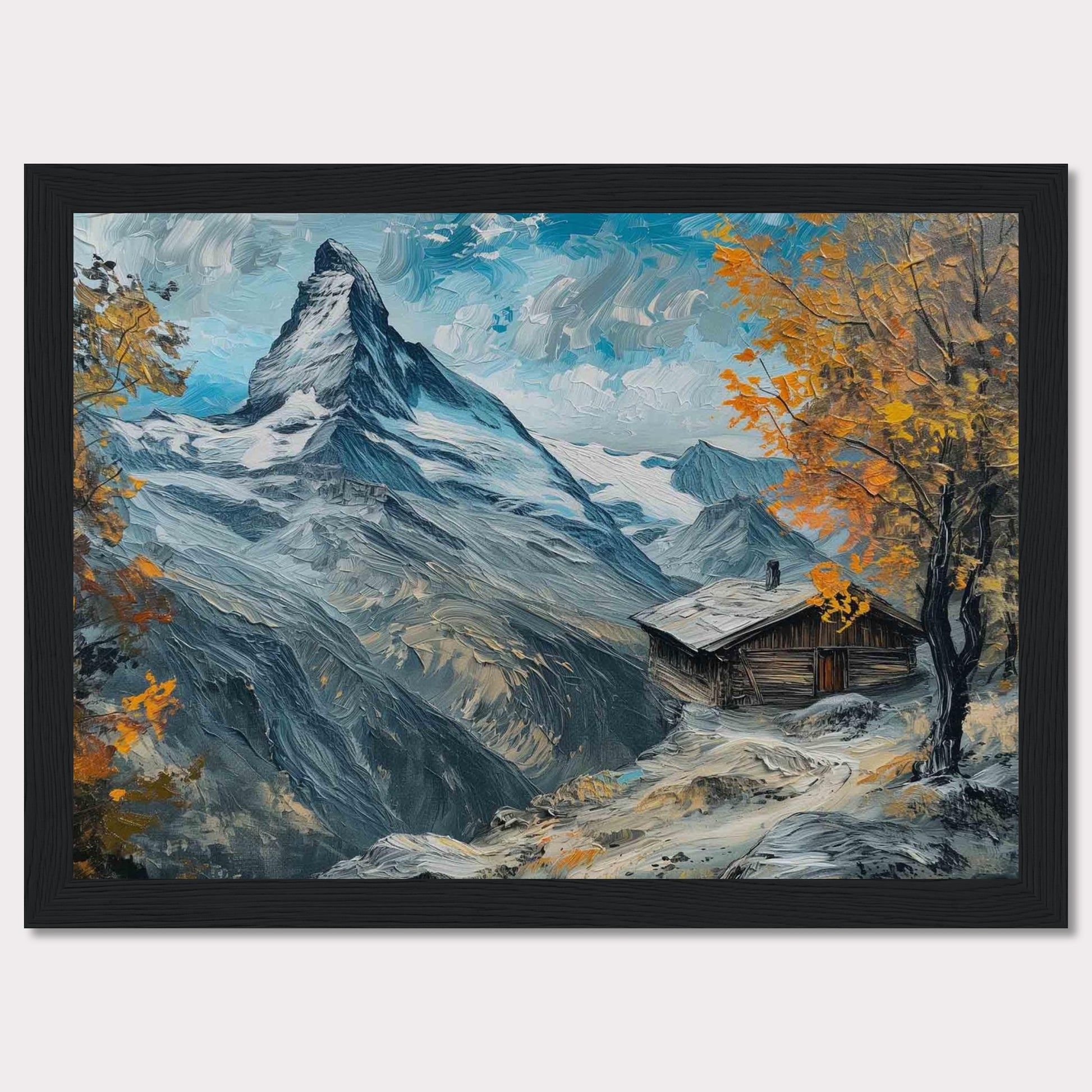 This stunning painting captures a serene mountain landscape with a quaint cabin nestled among the snow-covered peaks. The vibrant autumn foliage adds a splash of color against the majestic backdrop of towering mountains and a clear blue sky.