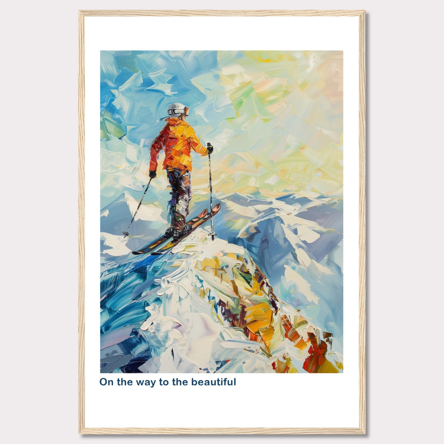 This vibrant painting captures a skier standing at the peak of a snowy mountain, ready to descend. The skier is dressed in an orange jacket and helmet, holding ski poles. The background features a stunning array of colors depicting the sky and distant mountains.