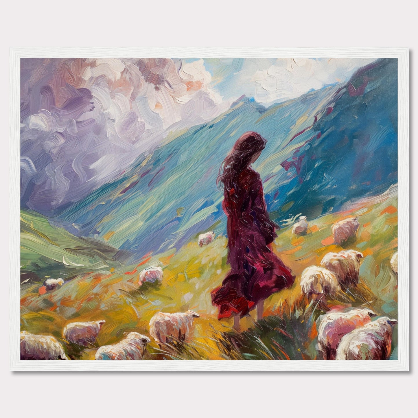 This captivating painting portrays a serene pastoral scene where a woman in a flowing red dress stands amidst a flock of sheep on a vibrant, rolling hillside. The background features dramatic, swirling clouds and lush green mountains, creating a sense of tranquility and connection with nature.