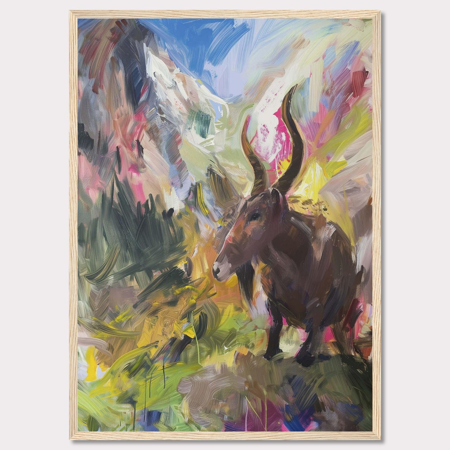 This vibrant painting captures a majestic animal with large horns standing amidst a colorful, abstract landscape. The background features dynamic brushstrokes of mountains, sky, and foliage, blending together in an explosion of colors.