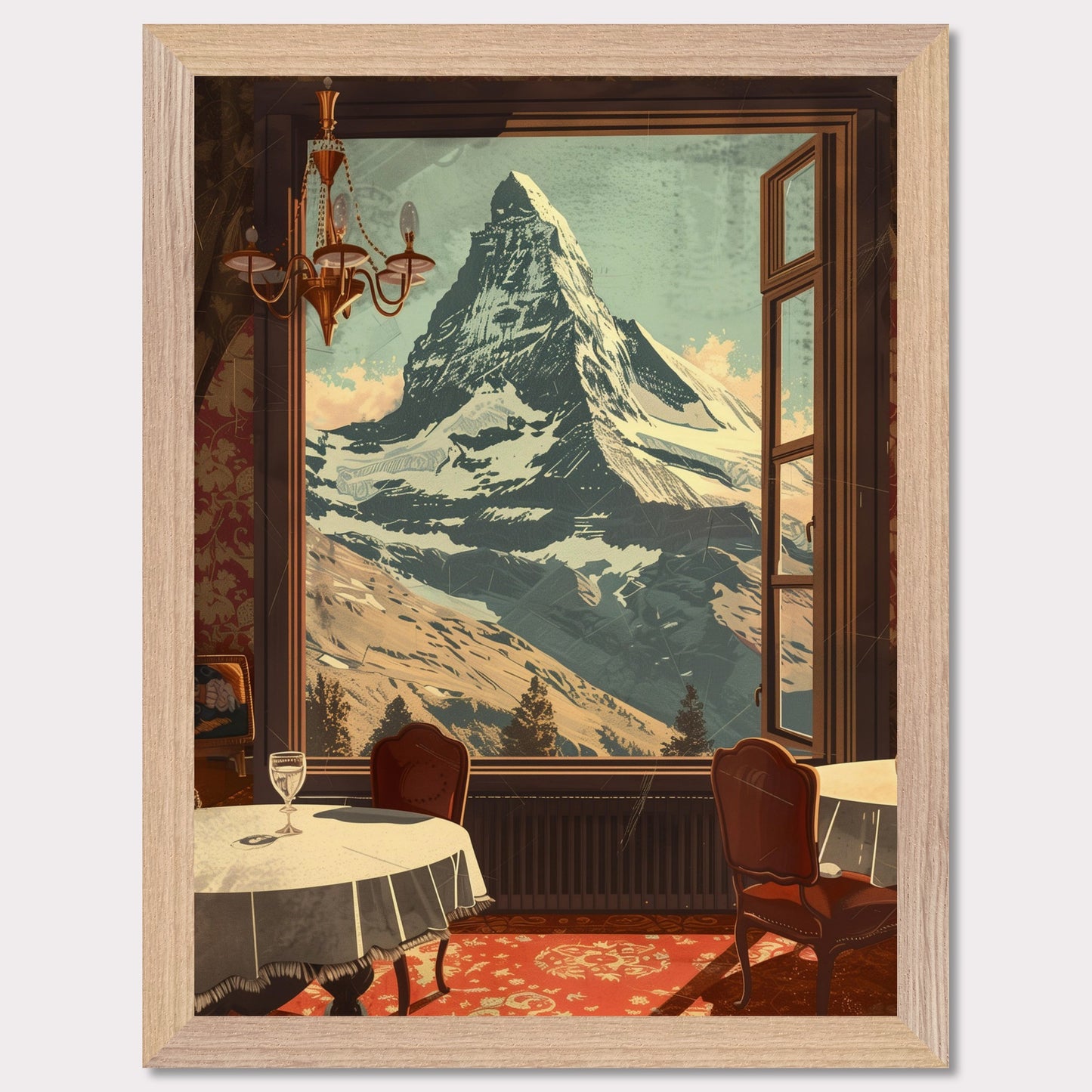 Witness the breathtaking view of a majestic snow-capped mountain through an elegantly framed window. This serene setting features a cozy dining area with classic furniture, a radiant chandelier, and a beautifully patterned carpet.