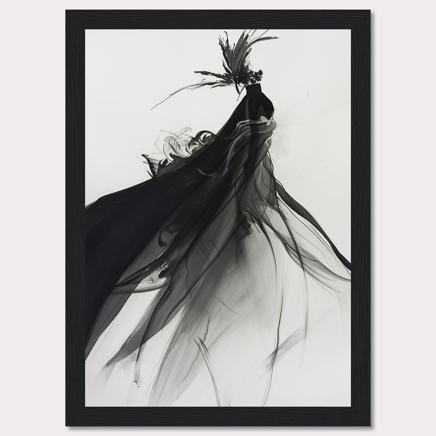 This captivating artwork features a fluid, abstract depiction of a black swan in motion, rendered in striking black and white tones. The swan is adorned with a dramatic headpiece and flowing plumage that create a sense of elegance and movement.