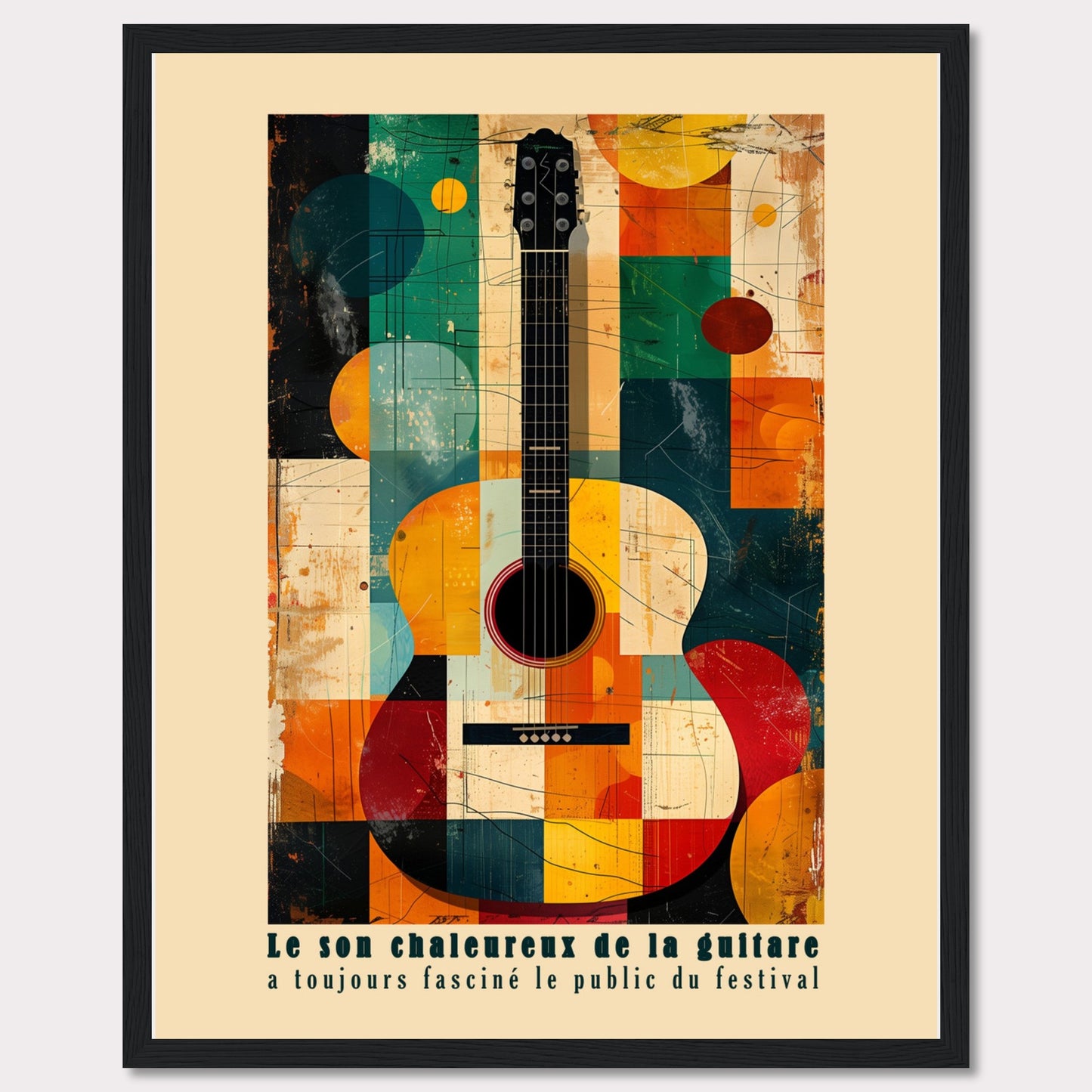 This vibrant artwork features an abstract depiction of an acoustic guitar, blending geometric shapes and bold colors. The French text at the bottom reads, "Le son chaleureux de la guitare a toujours fasciné le public du festival," which translates to "The warm sound of the guitar has always fascinated the festival audience."