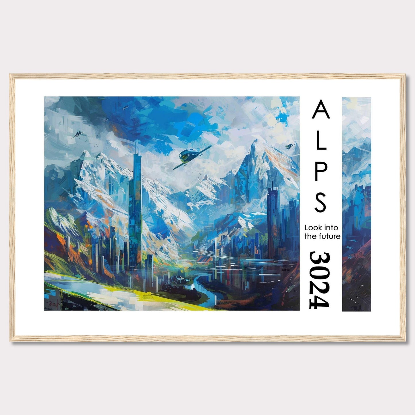 This artwork portrays a futuristic cityscape nestled within the majestic Alps, featuring towering skyscrapers, serene water bodies, and flying vehicles.