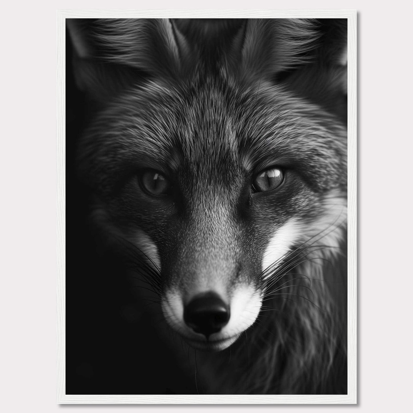 This striking black and white portrait captures the intense gaze of a fox, showcasing its majestic and enigmatic beauty. The detailed fur texture and sharp eyes draw you into the wild essence of this captivating creature.