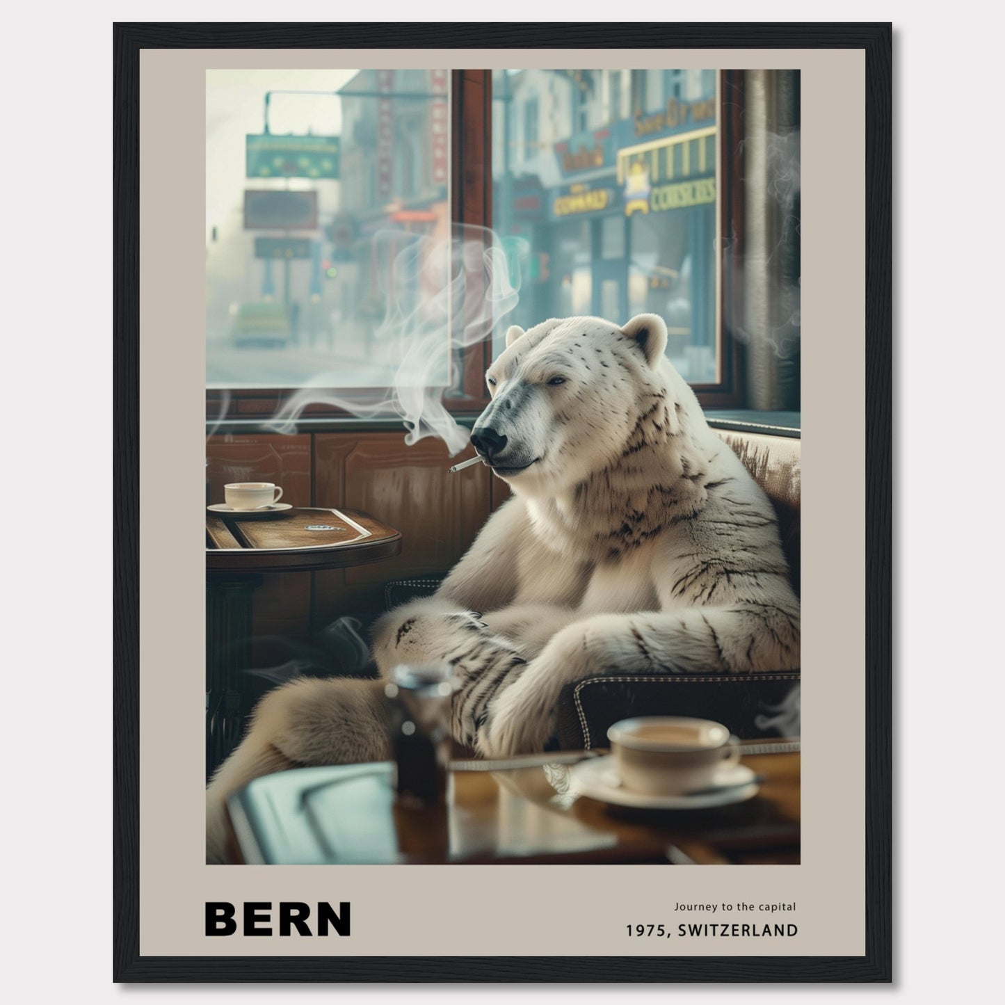 This intriguing poster features a polar bear sitting comfortably in a café, smoking a cigarette. The scene is set against a backdrop of a bustling city street, with shops and signs visible through the window. A cup of coffee sits on the table in front of the bear, adding to the relaxed atmosphere. The text at the bottom reads "BERN" with the caption "Journey to the capital, 1975, Switzerland."