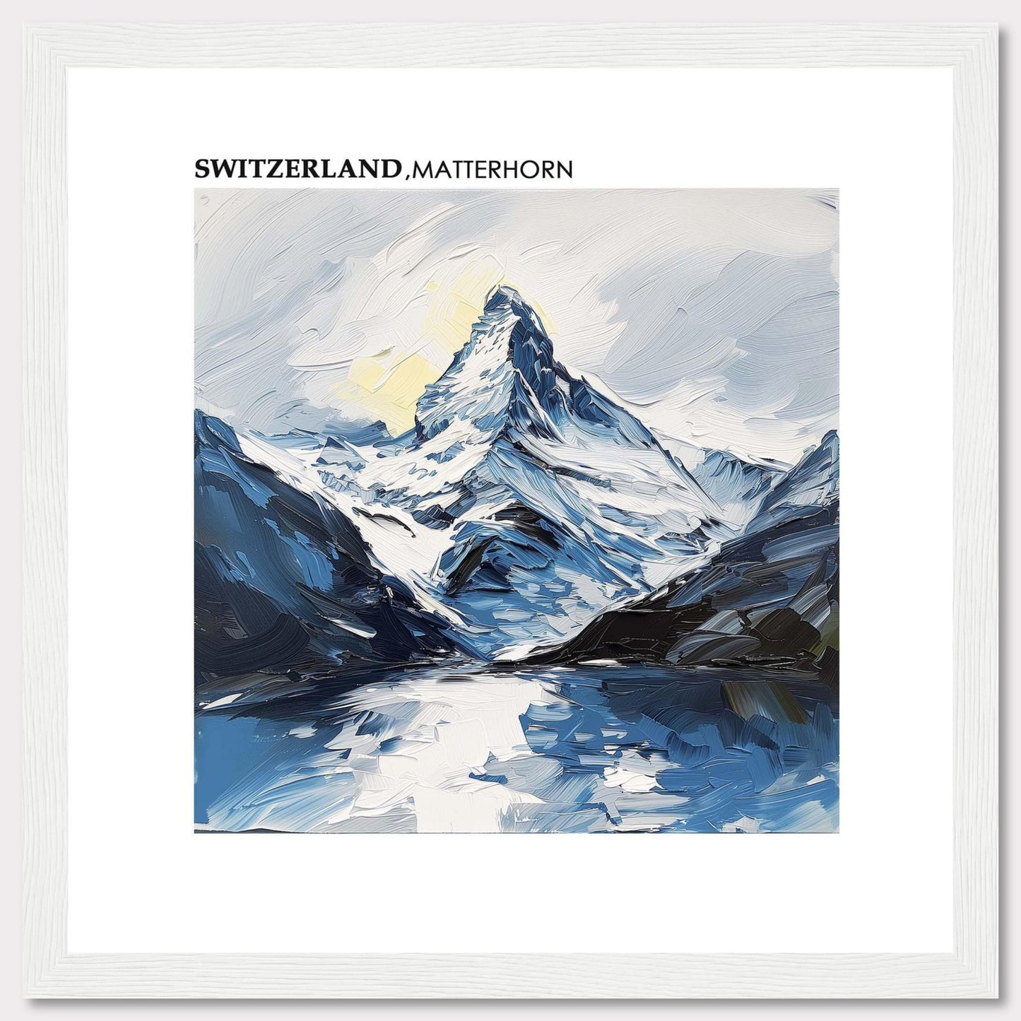 This image showcases a stunning painting of the Matterhorn in Switzerland. The artwork captures the majestic peak with its snow-covered slopes, surrounded by rugged mountains and reflected in a serene lake below. The sky is painted with soft hues, adding a touch of tranquility to the scene.