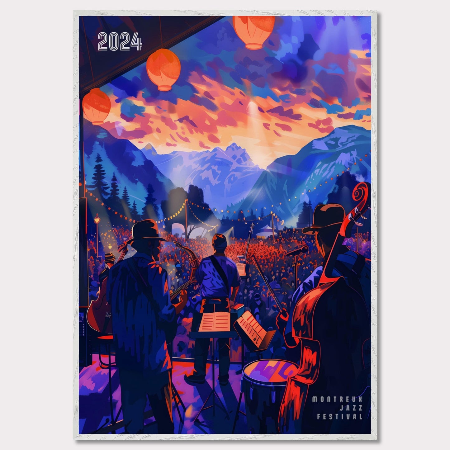 This vibrant poster depicts a lively jazz festival set against a stunning mountain backdrop. The scene is illuminated by colorful lanterns and features a band performing to a large, enthusiastic crowd. The sky is painted with dramatic hues of orange and purple, enhancing the festive atmosphere.