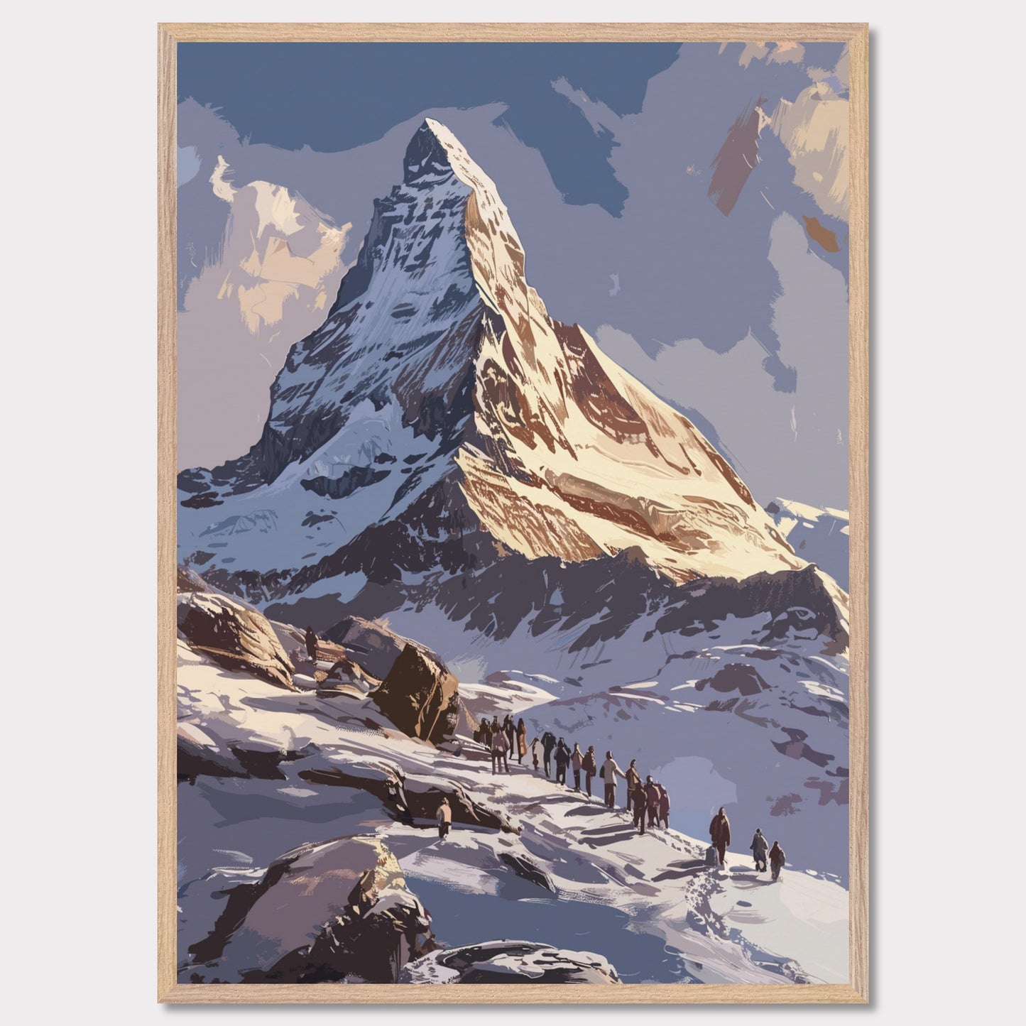 Experience the majestic beauty of this stunning mountain landscape. The image captures a group of adventurers trekking up a snow-covered path towards a towering, sunlit peak. The sky above is clear with a few clouds, adding depth and contrast to the scene. The rugged terrain and the determination of the climbers evoke a sense of awe and inspiration.