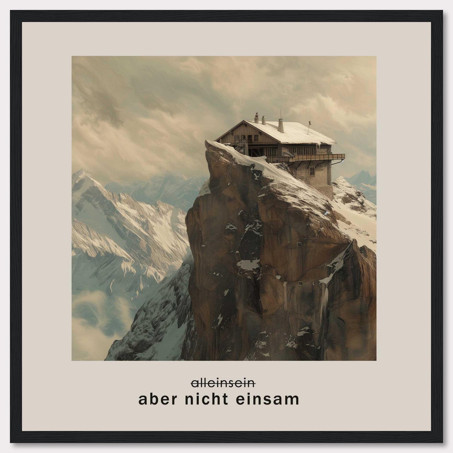 This image depicts a solitary house perched on a rugged, snow-covered mountain peak with a dramatic backdrop of towering mountains and a cloudy sky. The German text below the image reads "aber nicht einsam," which translates to "but not lonely."