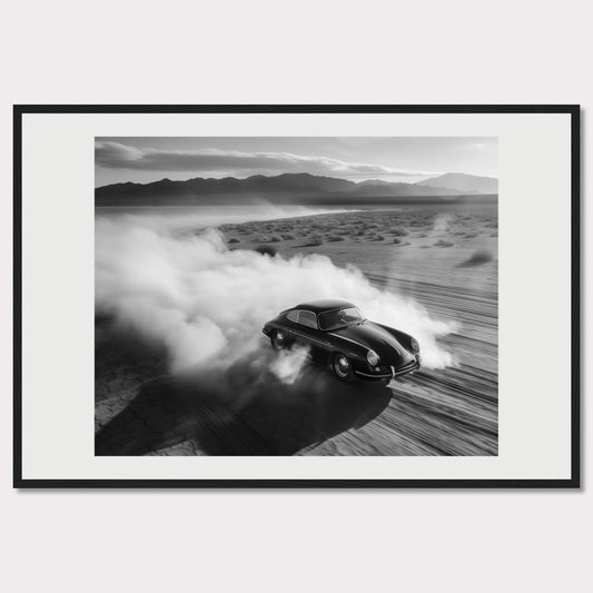 This striking black and white photograph captures a classic car speeding through a desert landscape, leaving a trail of dust in its wake. The image exudes a sense of freedom and adventure, with the distant mountains adding to the dramatic scenery.