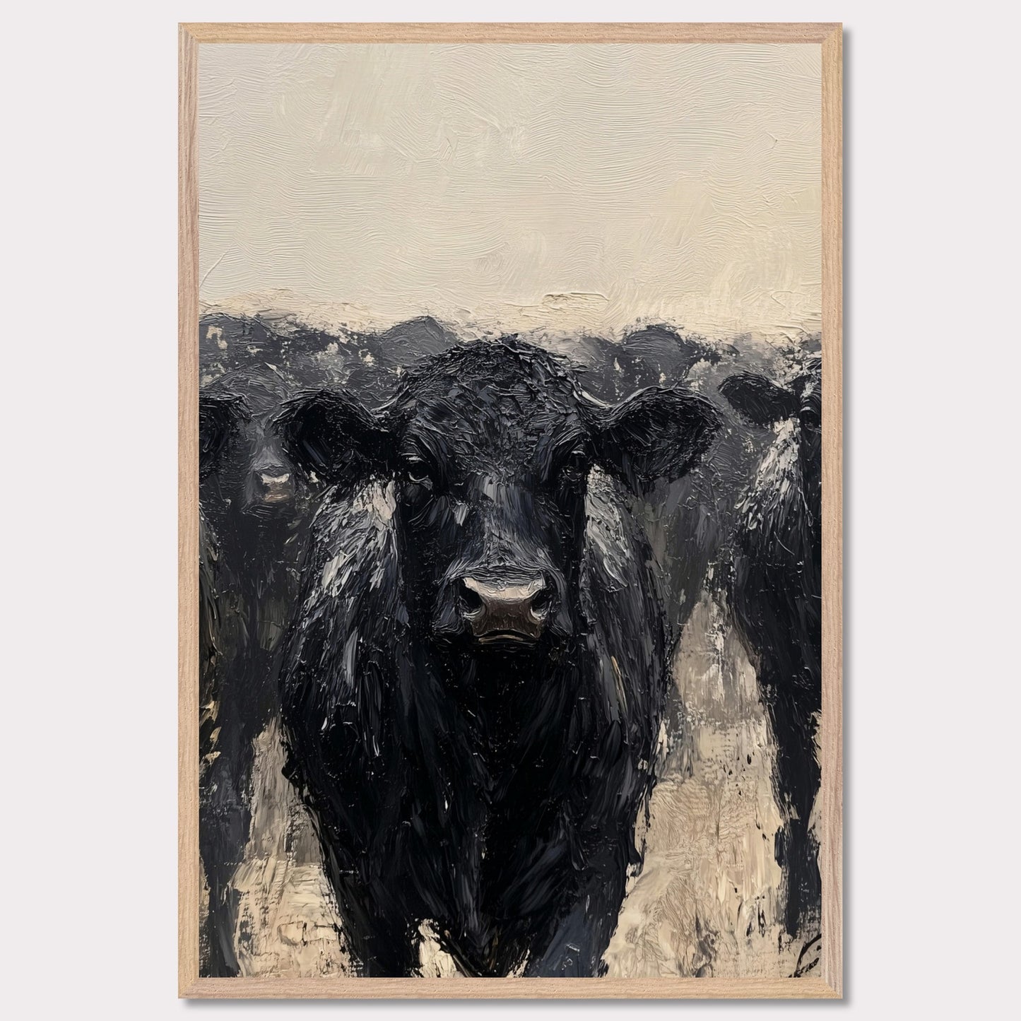 This striking painting captures the intense gaze of a black cow, surrounded by its herd. The textured brushstrokes and muted color palette create a powerful and captivating image.