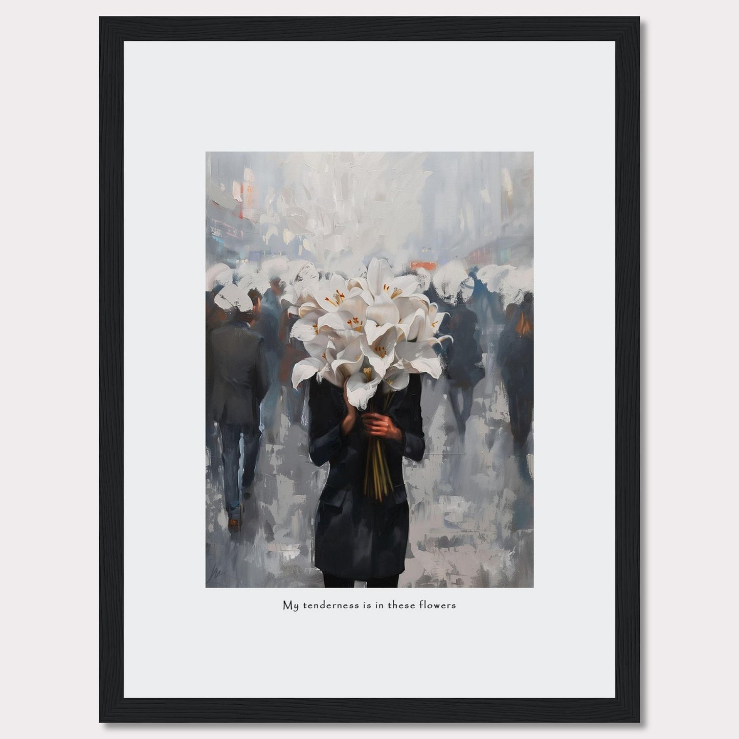 2023ce68-c674-4d5d-a6c4-cc67c013b247aThis artwork features a person holding a large bouquet of white lilies in a bustling, blurred cityscape. The image conveys a sense of serenity amidst the chaos. Below the image, the text reads, "My tenderness is in these flowers."